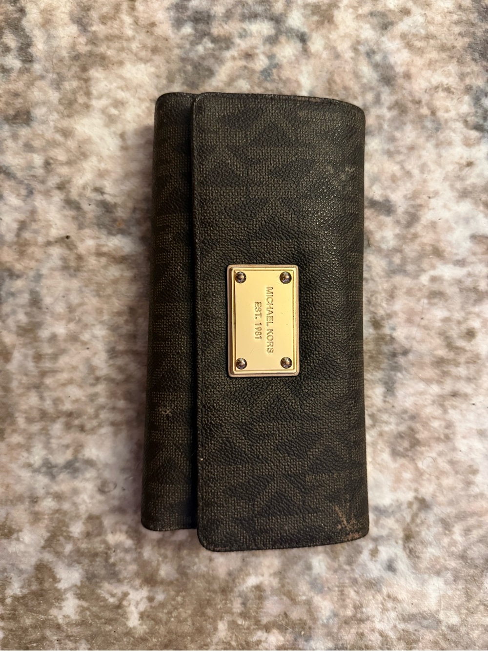 Michael Kors Black Signature Trifold Card Holder with Gold Plaque